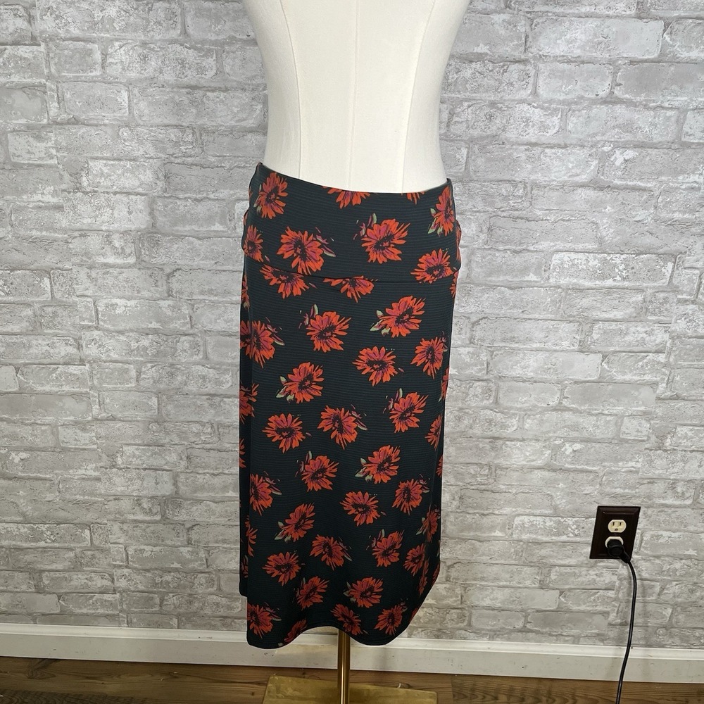 Lularoe Azure A-Line Skirt Size Large Black Red Flowers Teal Micro Stripes Boho